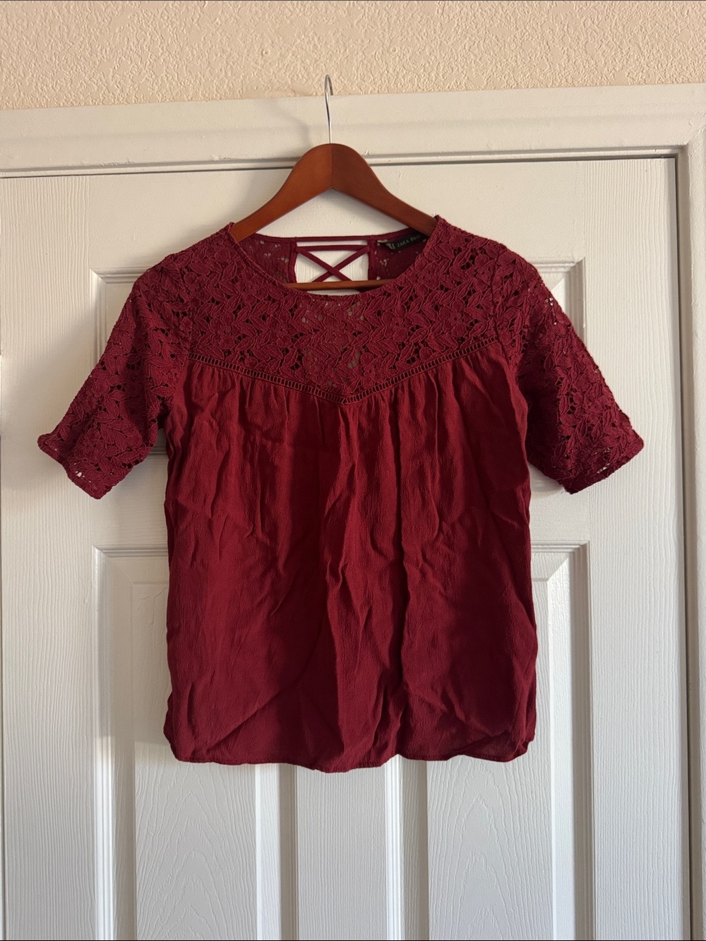 Zara Burgundy Lace Yoke Short Sleeve Blouse